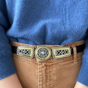 Vintage 90s Brighton Black Croc Embossed Leather Hippie Gold Silver Heart Belt